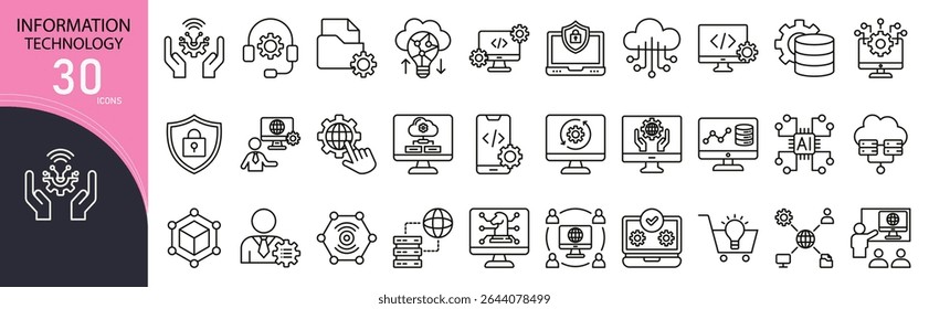 Coleções de ícones relacionados à tecnologia da informação. Contendo ícones de computador, rede, servidor, nuvem, dados, software, hardware, segurança, banco de dados e suporte. Contornar ícones.