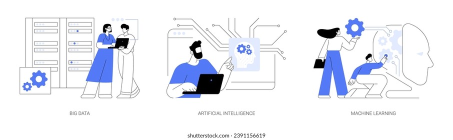 Information technology research isolated cartoon vector illustrations set. IT student work on big data project, artificial intelligence, machine learning studies, university degree vector cartoon.