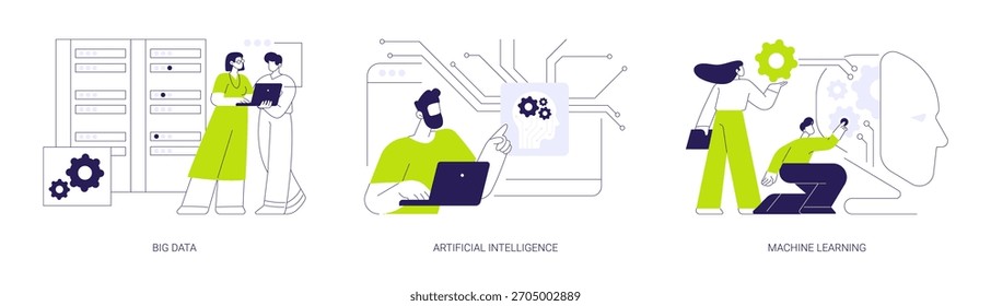 Information technology research isolated cartoon vector illustrations set. IT student work on big data project, artificial intelligence, machine learning studies, university degree vector cartoon.