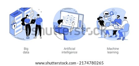 Information technology research isolated cartoon vector illustrations set. IT student work on big data project, artificial intelligence, machine learning studies, university degree vector cartoon.