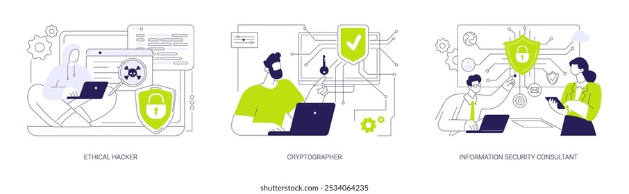 Conjunto de ilustrações vetoriais de conceito abstrato de segurança da tecnologia da informação. Hacker ético lida com testes de penetração, criptografo desenvolver cifras, metáfora abstrata consultor de segurança cibernética.