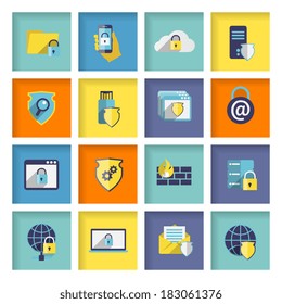 Information technology security flat icons set of cloud network connection firewall isolated vector illustration
