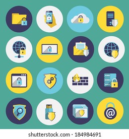 Information technology security flat icons set of computer mobile firewall protection isolated vector illustration