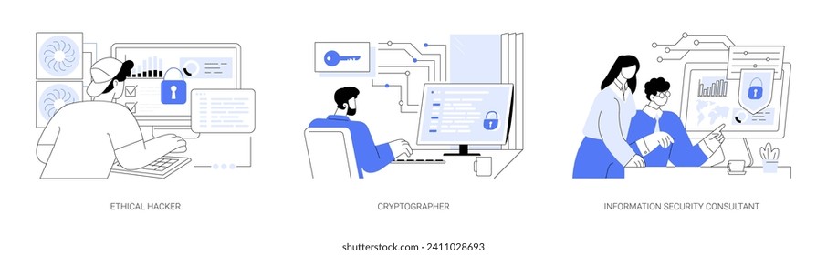 Information technology security isolated cartoon vector illustrations set. Ethical hacker deals with penetration testing, cryptographer develop ciphers, cybersecurity consultant vector cartoon.