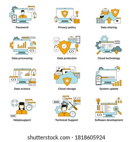 Information technology security. Set of data security related icons.