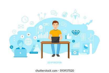 Information technology, seo optimization, market research and analysis, financial performance, achievement of objectives, planning of business ideas. Vector illustration isolated on white background.