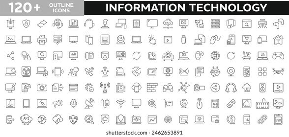 Information technology set of 120 + web icons in line style. IT icons for web and mobile app. Programming, Network, Website, Process, Internet, Data, and Technology symbols. Vector illustration