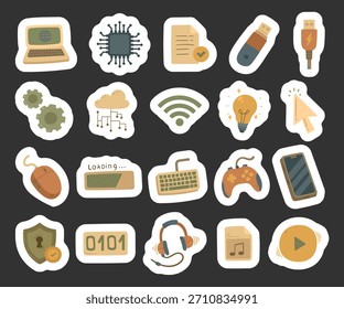 La tecnología de la información se establece en el estilo escandinavo de los dispositivos modernos de comunicación y computación que muestran la transferencia de datos digitales, la innovación, la conexión de protección de almacenamiento y la interfaz de red en línea