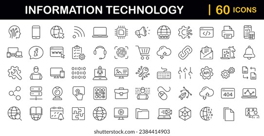 Information technology set of web icons in line style. IT icons for web and mobile app. Programming, network, website, technology progress, internet, devices, server, data. Vector illustration