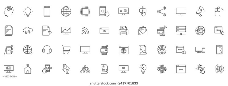 Informationstechnologie-Set von Web-Icons im Linienstil für Web- und mobile App. Programmierung, Netzwerk, Website, Technologiefortschritt, Internet, Geräte, Server, Daten. eps10 Vektorgrafik