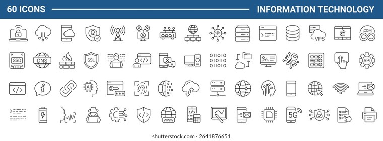Information technology set of web icons in line style. IT icons for web and mobile app. Programming, network, website, technology progress, internet, devices, server, data. Vector illustration