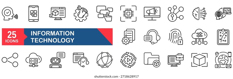 Tecnologia da informação conjunto de ícones web em estilo de linha. conceito de ilustração vetorial para dados, nuvem, rede, computador, digital, comunicação, web, negócios, banco de dados, móvel, sistema, wi-fi