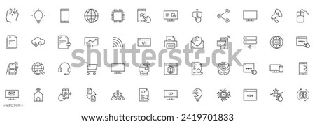Information technology set of web icons in line style for web and mobile app. Programming, network, website, technology progress, internet, devices, server, data. eps 10 Vector illustration