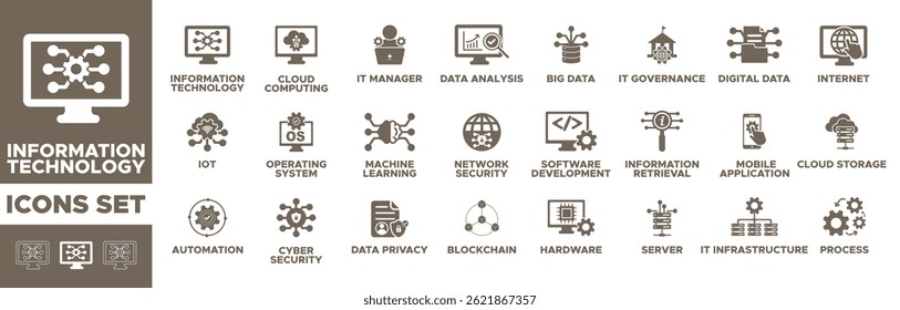 Information Technology solid icon set. cloud computing, IT manager, big data, data analytics, internet, network security, Software, IOT, sercer, process, automation. Solid icons pack. easily editable 