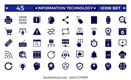 Information technology solid icons set. Information Technology solid icon collection. Programming, Network, Website, Process, Internet, Data, Technology symbol.
