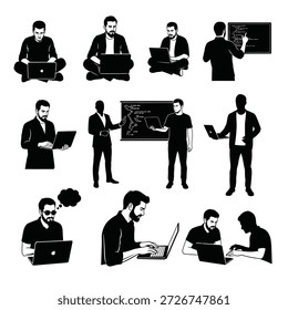 Especialistas en tecnología de la información que codifican en pantallas y usan computadoras portátiles en diversas posturas informales y profesionales