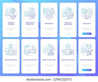 Information technology staffing blue gradient onboarding mobile app screens set. Walkthrough 5 steps graphic instruction with linear concepts. UI, UX, GUI template. Myriad Pro-Bold, Regular fonts used