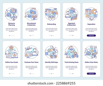 Personal de tecnología de la información a bordo de pantallas de aplicaciones móviles. Recorrido de TI 5 pasos instrucciones gráficas editables con conceptos lineales. UI, UX, plantilla GUI. Multitud de tipos de letra Pro-Bold, con uso regular