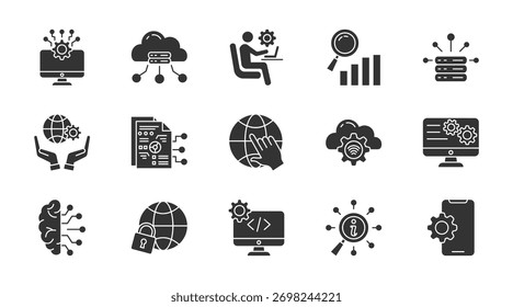 Conjunto de ícones de glifos finos da tecnologia da informação. Contendo computação em nuvem, gerenciador de ti, análise de dados, big data, governança de ti, dados digitais, internet, internet das coisas, operação. Ilustração vetorial