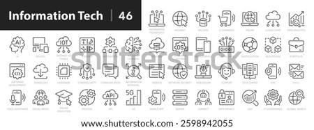 Information technology thin line icon set. Data processing and management, communication, collaboration. Network, website, computer, social media, e-commerce, mobile device - stock vector.