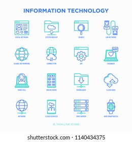 Information technology thin line icons set: social network, system backup, search, LAN network, connection, API, feedback, video call, online news, downloads, cloud data. Modern vector illustration.