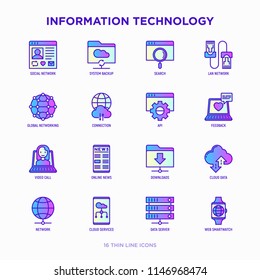 Information technology thin line icons set: social network, system backup, search, LAN network, connection, API, feedback, video call, online news, downloads, cloud data. Modern vector illustration.