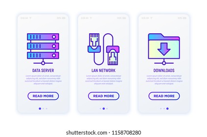 Conjunto de iconos de línea delgada de tecnología de la información: servidor de datos, red LAN, Descargas. Ilustración vectorial moderna para el App móvil del usuario.