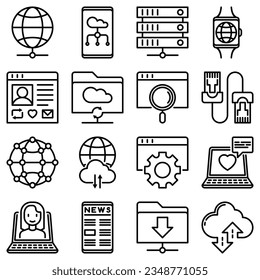 Information technology thin line icons set: social network, system backup, search, LAN network, connection, API, feedback, video call, online news, downloads, cloud data. Modern vector illustration.