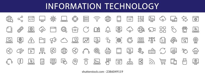 Information technology thin line icons set. Information Technology - IT editable stroke icon collection. Programming, Network, Website, Process, Internet, Data, Technology symbol. Vector