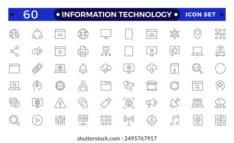 Informationstechnologie dünne Linie Symbole gesetzt. Informationen Technologie Gliederungssymbol Kollektion. Programmierung, Netzwerk, Website, Prozess, Internet, Daten, Technologie Symbol.
