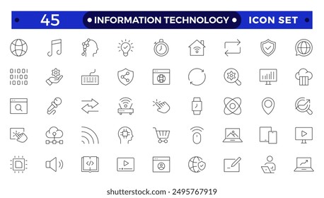Conjunto de iconos de línea delgada de tecnología de la información. Colección de icono de esquema de Tecnología de información. Programación, Red, Sitio web, Proceso, Internet, Datos, Símbolo de Tecnología.
