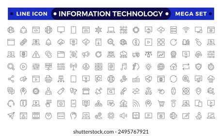 Information technology thin line icons set. Information Technology outline icon collection. Programming, Network, Website, Process, Internet, Data, Technology symbol.
