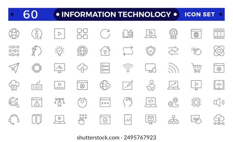 Information technology thin line icons set. Information Technology outline icon collection. Programming, Network, Website, Process, Internet, Data, Technology symbol.
