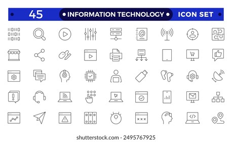 Information technology thin line icons set. Information Technology outline icon collection. Programming, Network, Website, Process, Internet, Data, Technology symbol.

