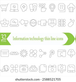  Information technology thin line icons set. Information Technology - IT editable stroke icon collection. Programming, Network, Website, Process, Internet, Data, Technology symbo