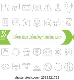  Information technology thin line icons set. Information Technology - IT editable stroke icon collection. Programming, Network, Website, Process, Internet, Data, Technology symbo