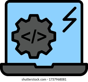 information technology transforming the power industry vector color icon design concept. Electrical Engineering and IT on white background. Laptop PC with thunderbolt and gear design