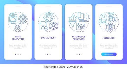Information technology trends blue gradient onboarding mobile app screen. Walkthrough 4 steps graphic instructions with linear concepts. UI, UX, GUI template. Myriad Pro-Bold, Regular fonts used