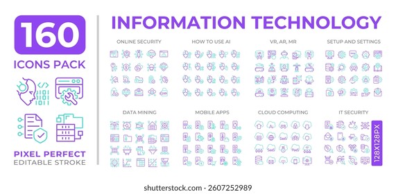 Information technology two color line icons set collection. Digital networks. Computing services development. bicolor outline mega pack isolated, pixel perfect. Duotone thin lineart. Editable stroke
