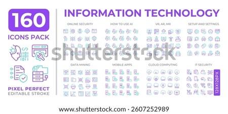 Information technology two color line icons set collection. Digital networks. Computing services development. bicolor outline mega pack isolated, pixel perfect. Duotone thin lineart. Editable stroke