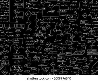 Information technology vector seamless pattern with handwritten diagram charts, programming code, hand drawn computer devices