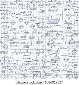 Information technology vector seamless pattern with handwritten programming code and diagram charts, grid copybook paper