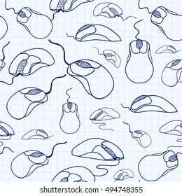 Information technology vector seamless pattern with computer mice, handwritten on a grid copybook sheet of paper