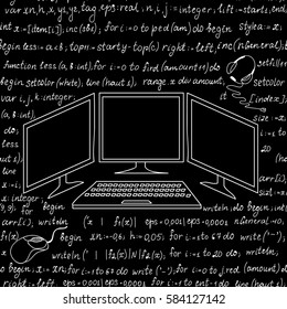 Information technology vector seamless pattern with handwritten programming code and computer device