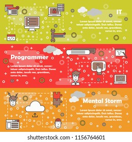 Information technology vector web banner template set. IT, Programmer and Mental storm concept thin line art flat style design elements.