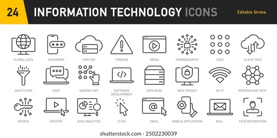 Information Technology web icon set in line style. Network, web design, website, computer, software, progress, programming, data, internet, collection. Vector illustration.	