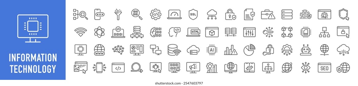 Ícone da Web da Tecnologia da Informação definido no estilo de linha. Rede, web design, website, computador, software, progresso, programação, dados, internet, coleção. Ilustração vetorial.