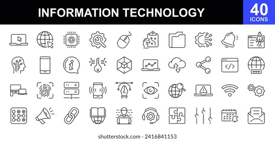 Iconos web de Tecnología de la Información establecidos. IT - colección simple de iconos de línea delgada. Conteniendo progreso tecnológico, sitio web, Internet, datos, programación y más. Conjunto simple de iconos web