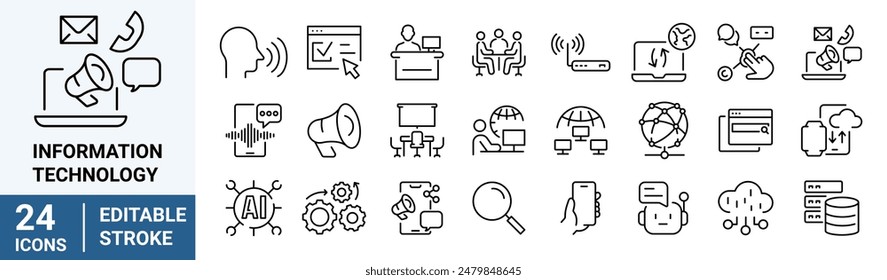 Information Technology web line icons. Containing cloud computing, IT manager, big data, data analytics, internet, network.