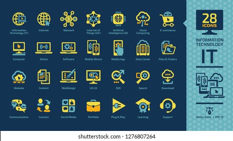 Information technology yellow glyph icon set on a dark blue background with IT network communications computing tech system, internet of things, e-commerce, social media, data center info pictogram.